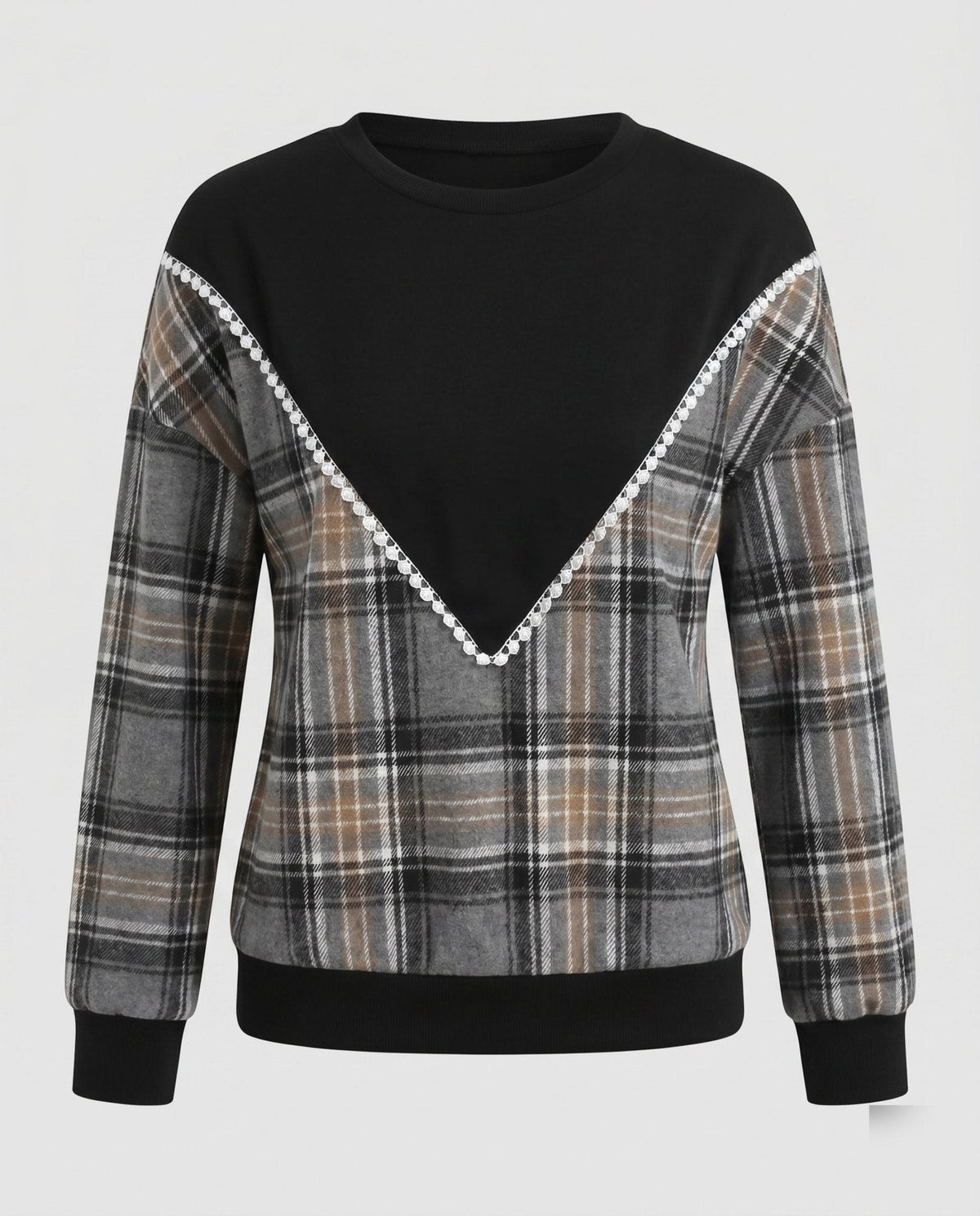 Women's fashionable sweatshirt with checked design and lace details - Chichicherry