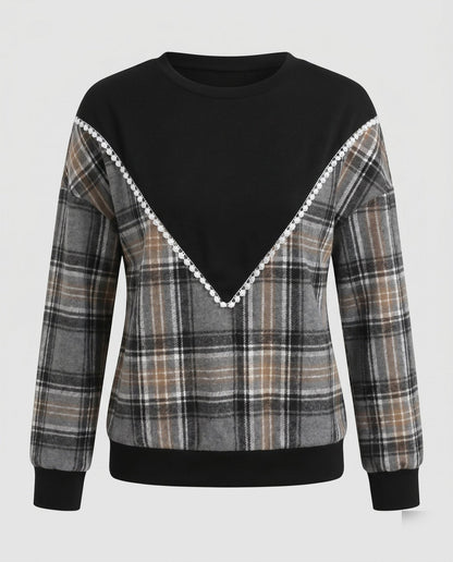 Women's fashionable sweatshirt with checked design and lace details - Chichicherry