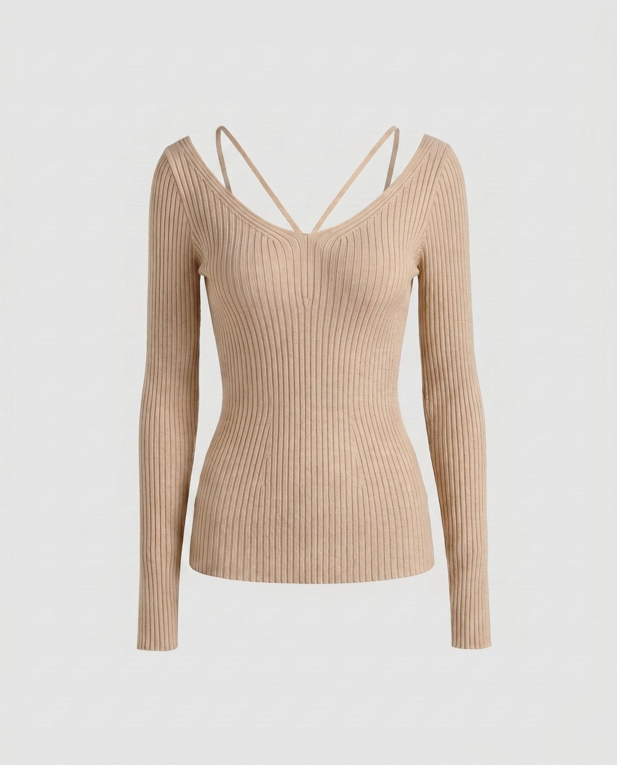 Women's fitted long-sleeve shirt with unique V-neck and refined strap details - Chichicherry