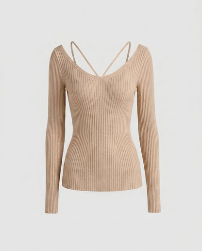 Women's fitted long-sleeve shirt with unique V-neck and refined strap details - Chichicherry