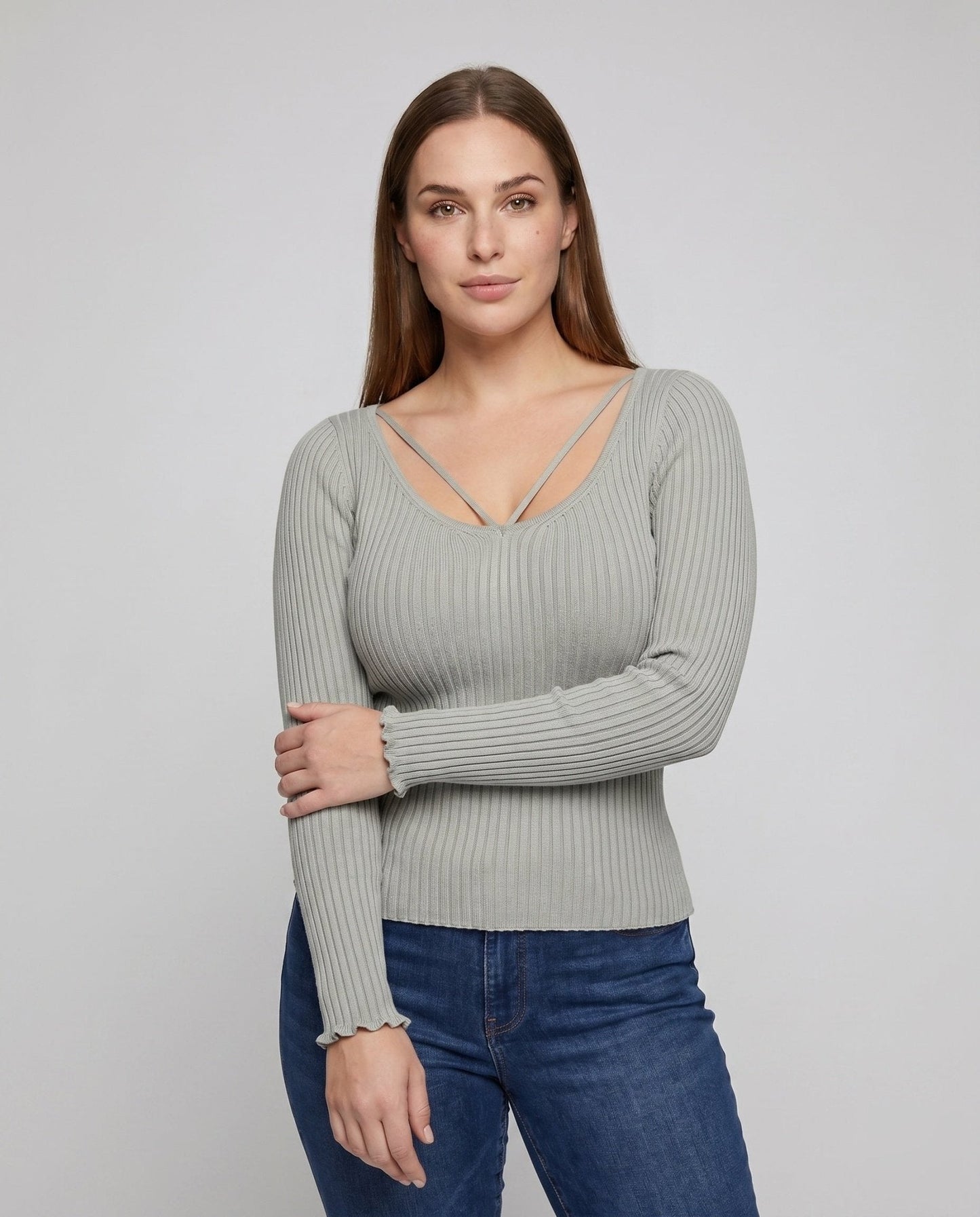 Women's fitted long-sleeve shirt with unique V-neck and refined strap details - Chichicherry