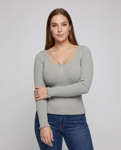 Women's fitted long-sleeve shirt with unique V-neck and refined strap details - Chichicherry