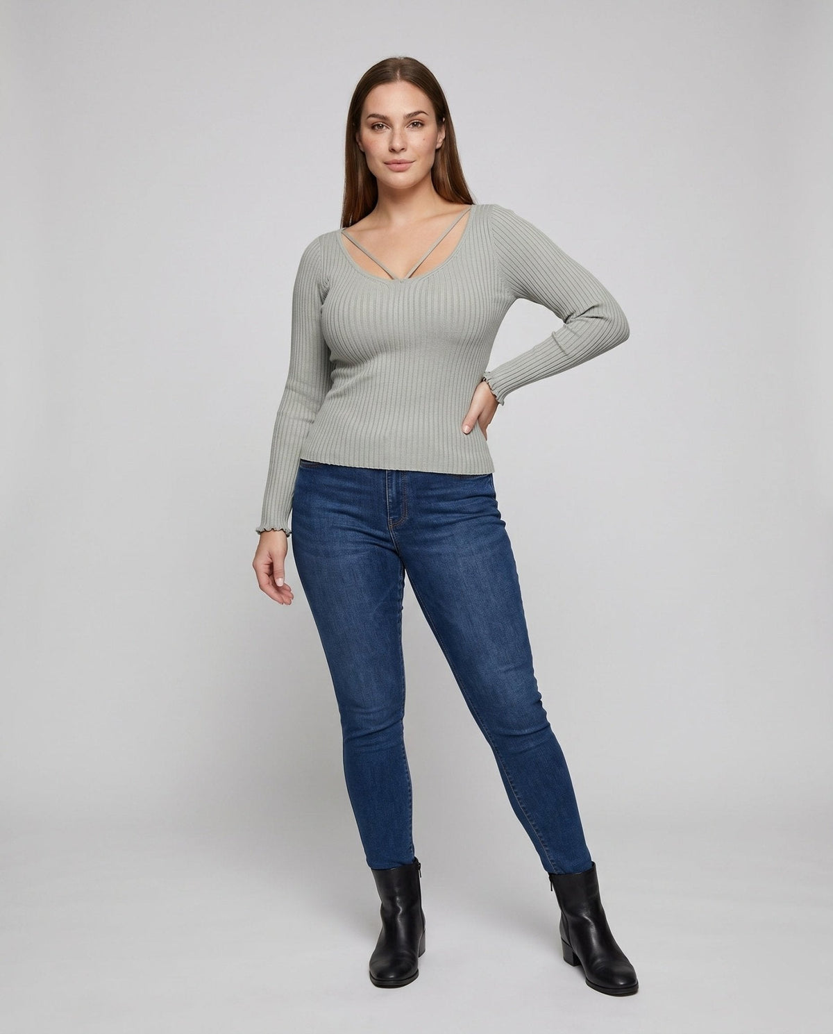 Women's fitted long-sleeve shirt with unique V-neck and refined strap details - Chichicherry