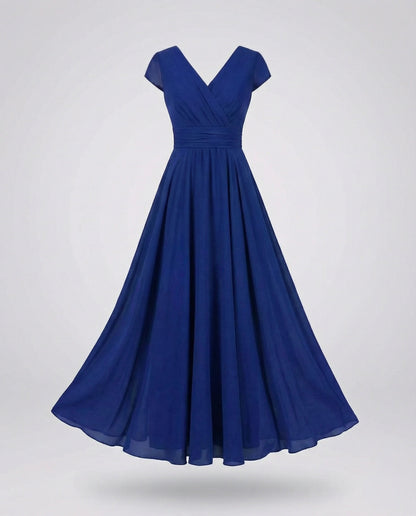 Women's Flowing Chiffon Maxi Dress with Pleated Skirt - Blue colorway