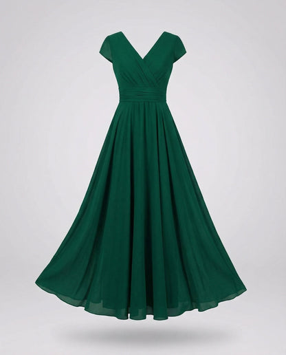 Women's Flowing Chiffon Maxi Dress with Pleated Skirt - Dark Green colorway