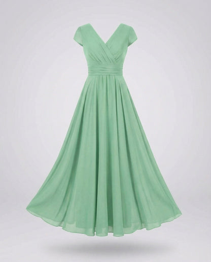 Women's Flowing Chiffon Maxi Dress with Pleated Skirt - Light Green colorway