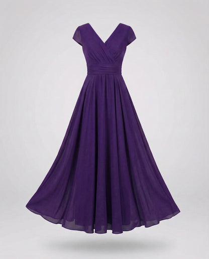 Women's Flowing Chiffon Maxi Dress with Pleated Skirt - Lilac colorway