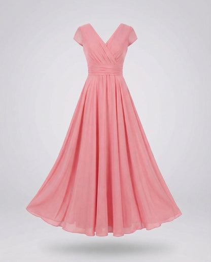 Women's Flowing Chiffon Maxi Dress with Pleated Skirt - Pink colorway