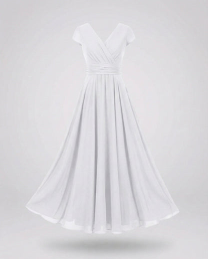 Women's Flowing Chiffon Maxi Dress with Pleated Skirt - White colorway