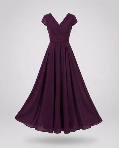 Women's Flowing Chiffon Maxi Dress with Pleated Skirt - Wine Red colorway