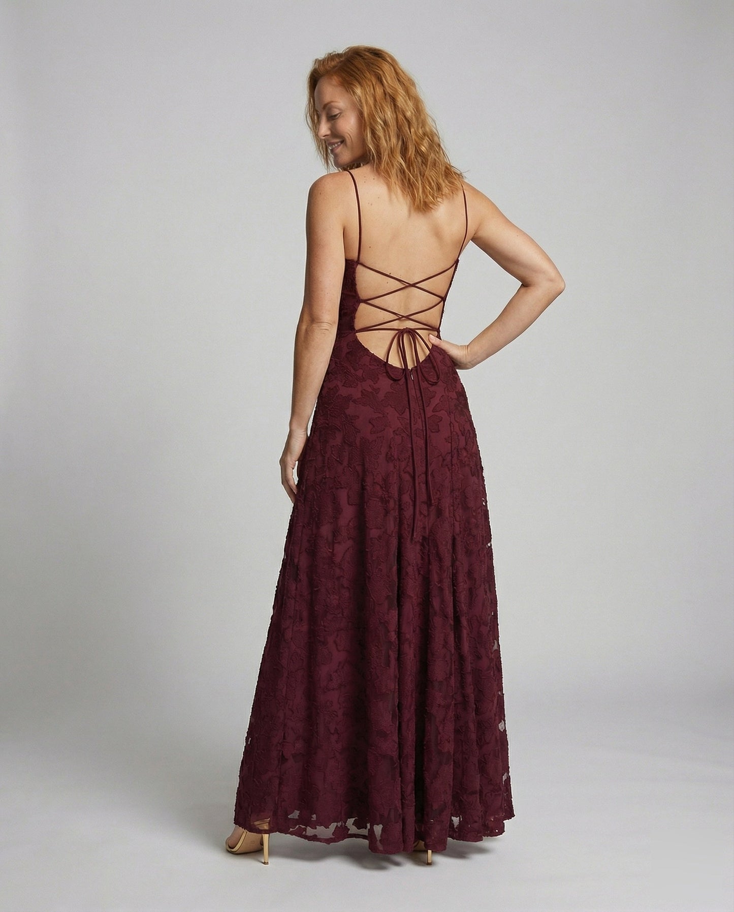 Women's Flowing Evening Dress with Lace-up Back - back view