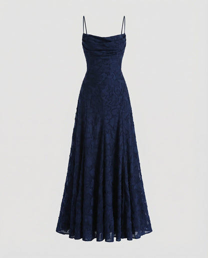 Women's Flowing Evening Dress with Lace-up Back - Navy Blue colorway