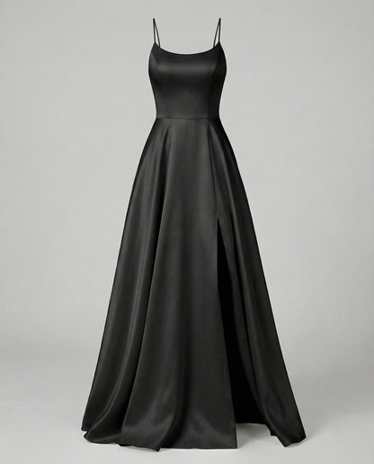 Women's Gala Maxi Dress Spaghetti Straps Thigh Slit - Black colorway