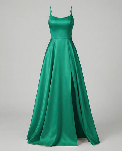 Women's Gala Maxi Dress Spaghetti Straps Thigh Slit - Green colorway