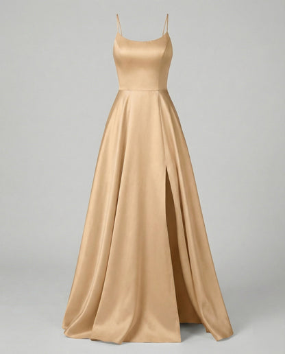 Women's Gala Maxi Dress Spaghetti Straps Thigh Slit - Khaki colorway