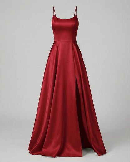Women's Gala Maxi Dress Spaghetti Straps Thigh Slit - Red colorway