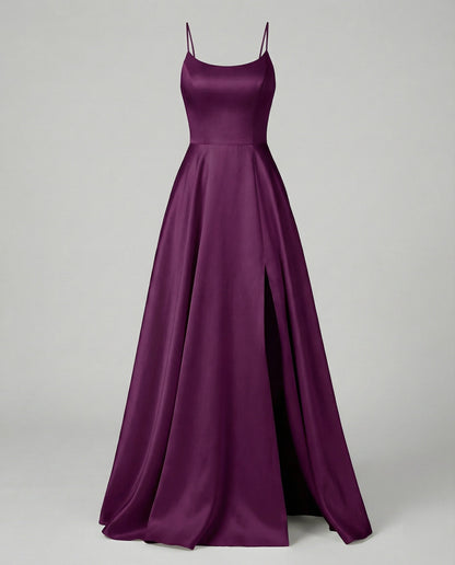 Women's Gala Maxi Dress Spaghetti Straps Thigh Slit - Violet colorway