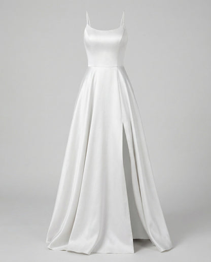 Women's Gala Maxi Dress Spaghetti Straps Thigh Slit - White colorway