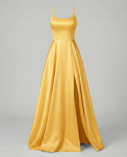 Women's Gala Maxi Dress Spaghetti Straps Thigh Slit - Yellow colorway