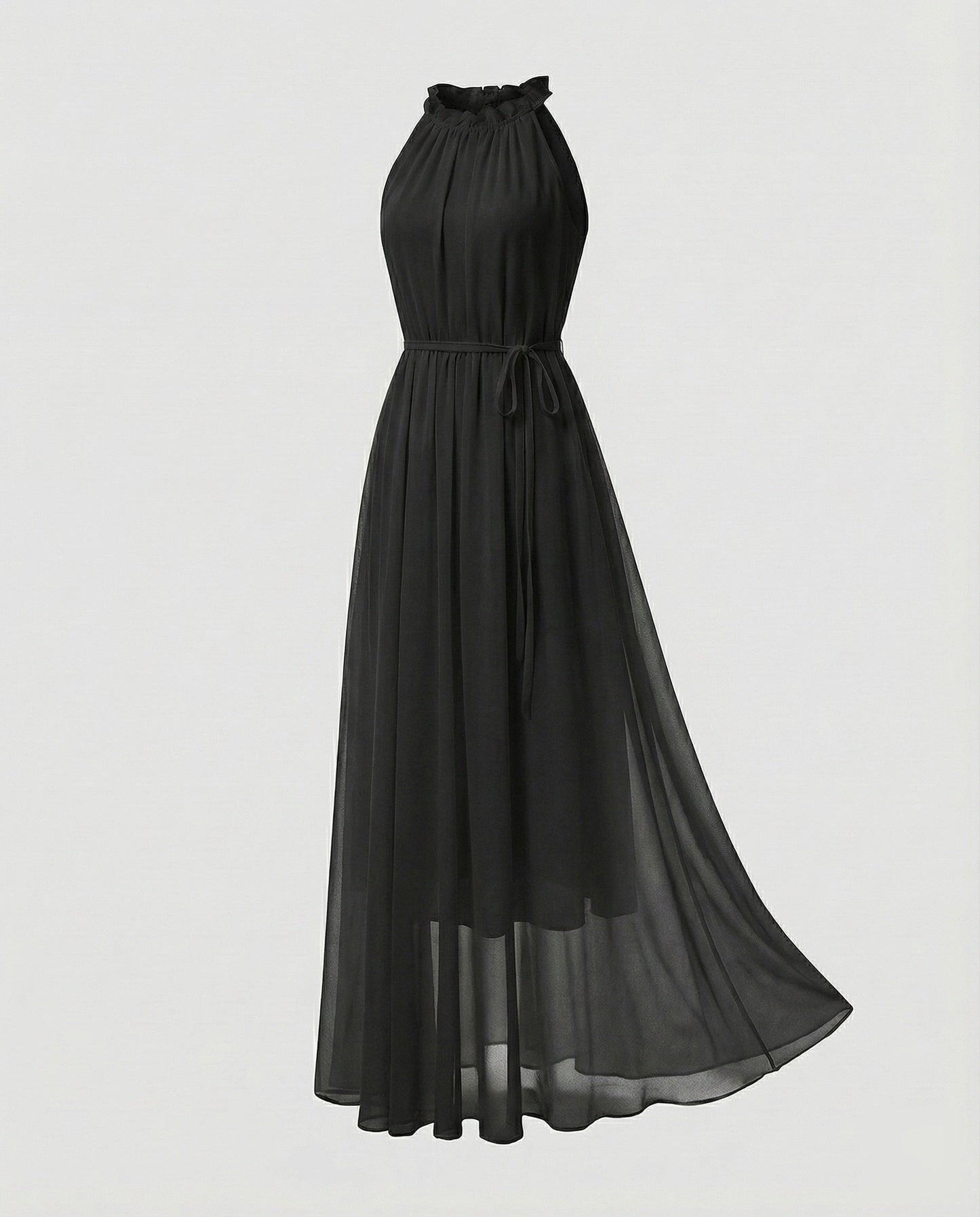 Women's Halter Maxi Dress Chiffon Ruffle Collar Tiered Skirt - Black colorway