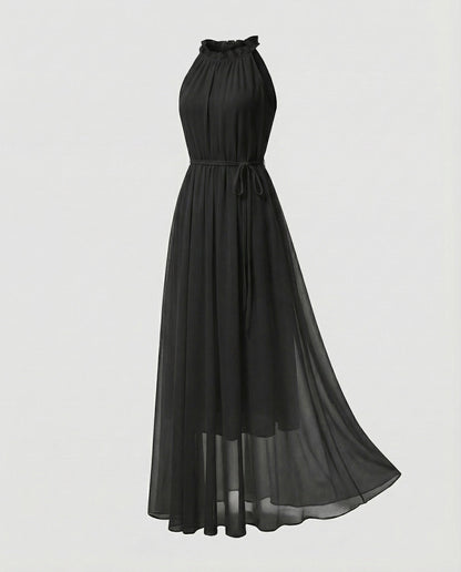 Women's Halter Maxi Dress Chiffon Ruffle Collar Tiered Skirt - Black colorway