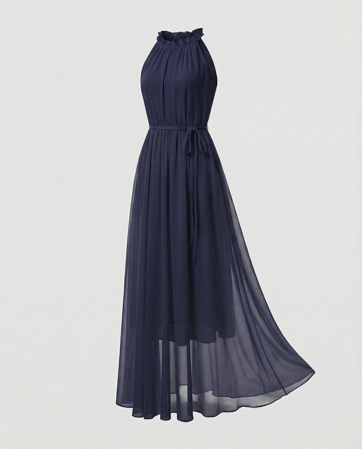 Women's Halter Maxi Dress Chiffon Ruffle Collar Tiered Skirt - Blue colorway