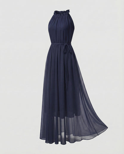 Women's Halter Maxi Dress Chiffon Ruffle Collar Tiered Skirt - Blue colorway