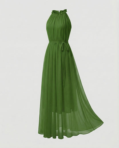 Women's Halter Maxi Dress Chiffon Ruffle Collar Tiered Skirt - Green colorway