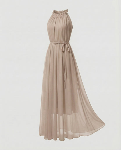 Women's Halter Maxi Dress Chiffon Ruffle Collar Tiered Skirt - Khaki colorway