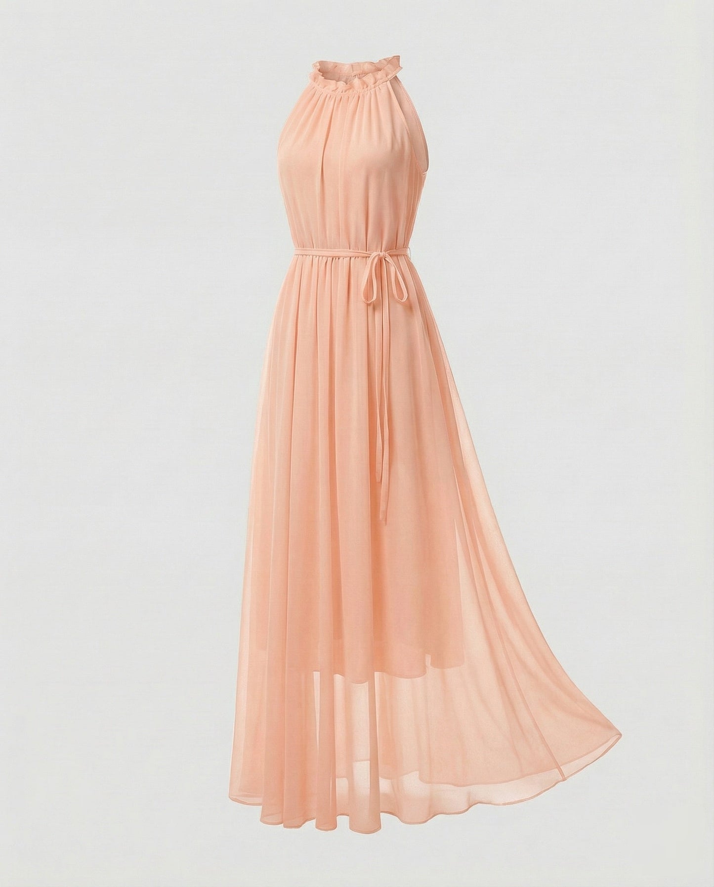 Women's Halter Maxi Dress Chiffon Ruffle Collar Tiered Skirt - Pink colorway