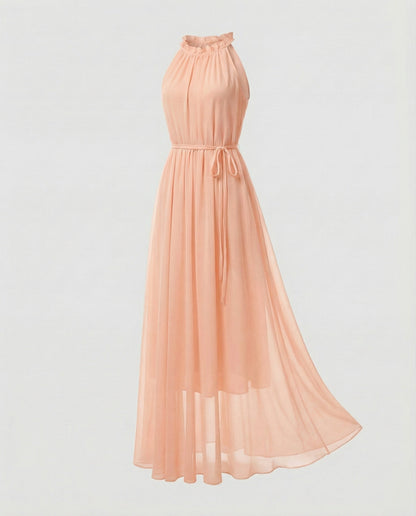 Women's Halter Maxi Dress Chiffon Ruffle Collar Tiered Skirt - Pink colorway