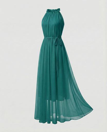 Women's Halter Maxi Dress Chiffon Ruffle Collar Tiered Skirt - Turquoise colorway