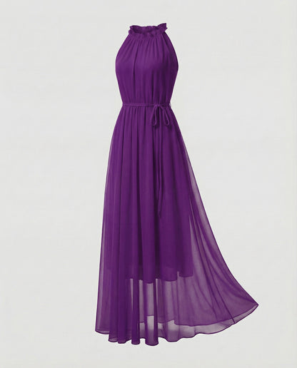Women's Halter Maxi Dress Chiffon Ruffle Collar Tiered Skirt - Violet colorway