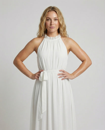 Women's Halter Maxi Dress Chiffon Ruffle Collar Tiered Skirt - upper body detail