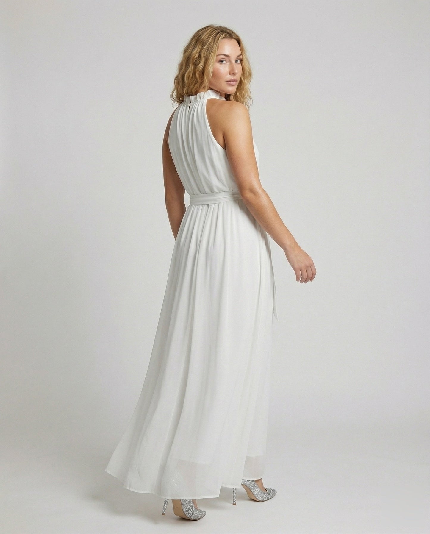 Women's Halter Maxi Dress Chiffon Ruffle Collar Tiered Skirt - back view
