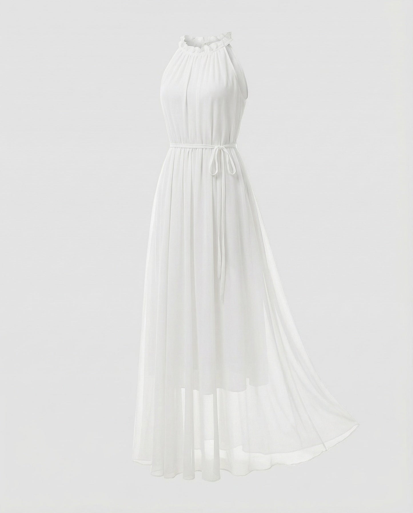 Women's Halter Maxi Dress Chiffon Ruffle Collar Tiered Skirt - White colorway