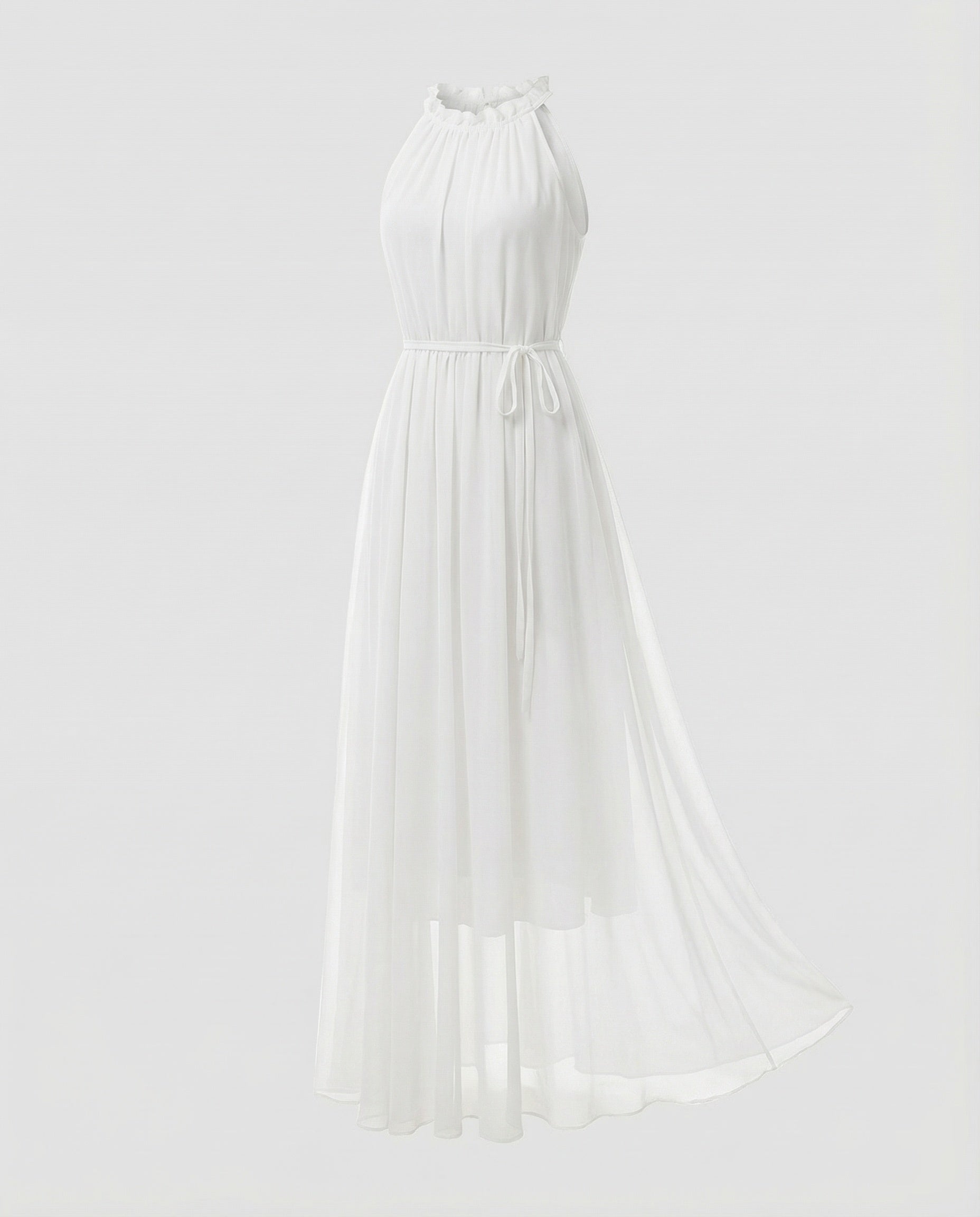 Women's Halter Maxi Dress Chiffon Ruffle Collar Tiered Skirt - White colorway