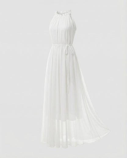 Women's Halter Maxi Dress Chiffon Ruffle Collar Tiered Skirt - White colorway