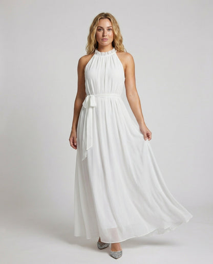 Women's Halter Maxi Dress Chiffon Ruffle Collar Tiered Skirt - front view