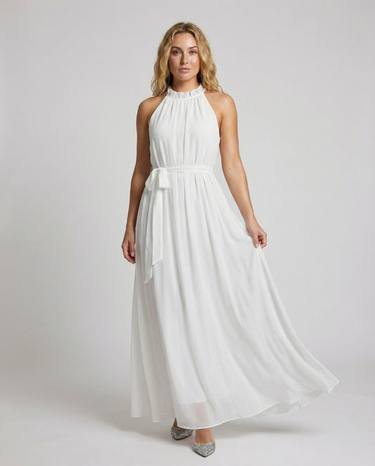 Women's Halter Maxi Dress Chiffon Ruffle Collar Tiered Skirt - front view