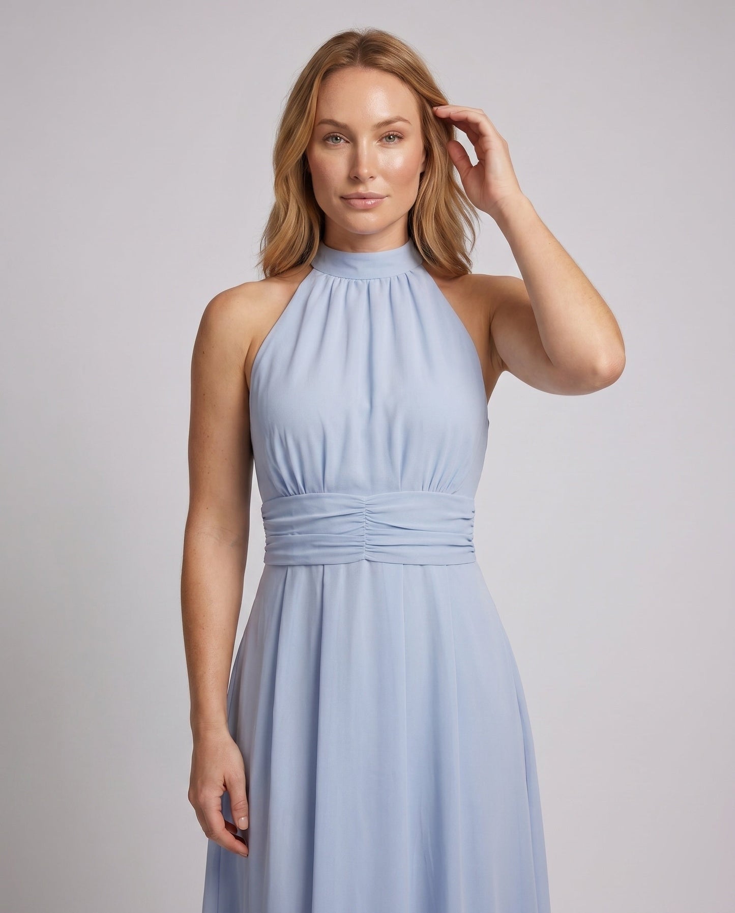 Women's Halterneck Maxi Dress with Tailored Silhouette and Flowing Skirt - upper body detail