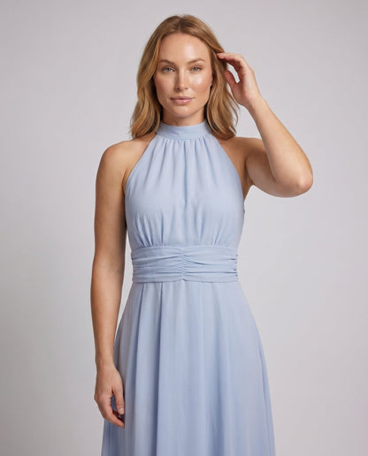 Women's Halterneck Maxi Dress with Tailored Silhouette and Flowing Skirt - upper body detail