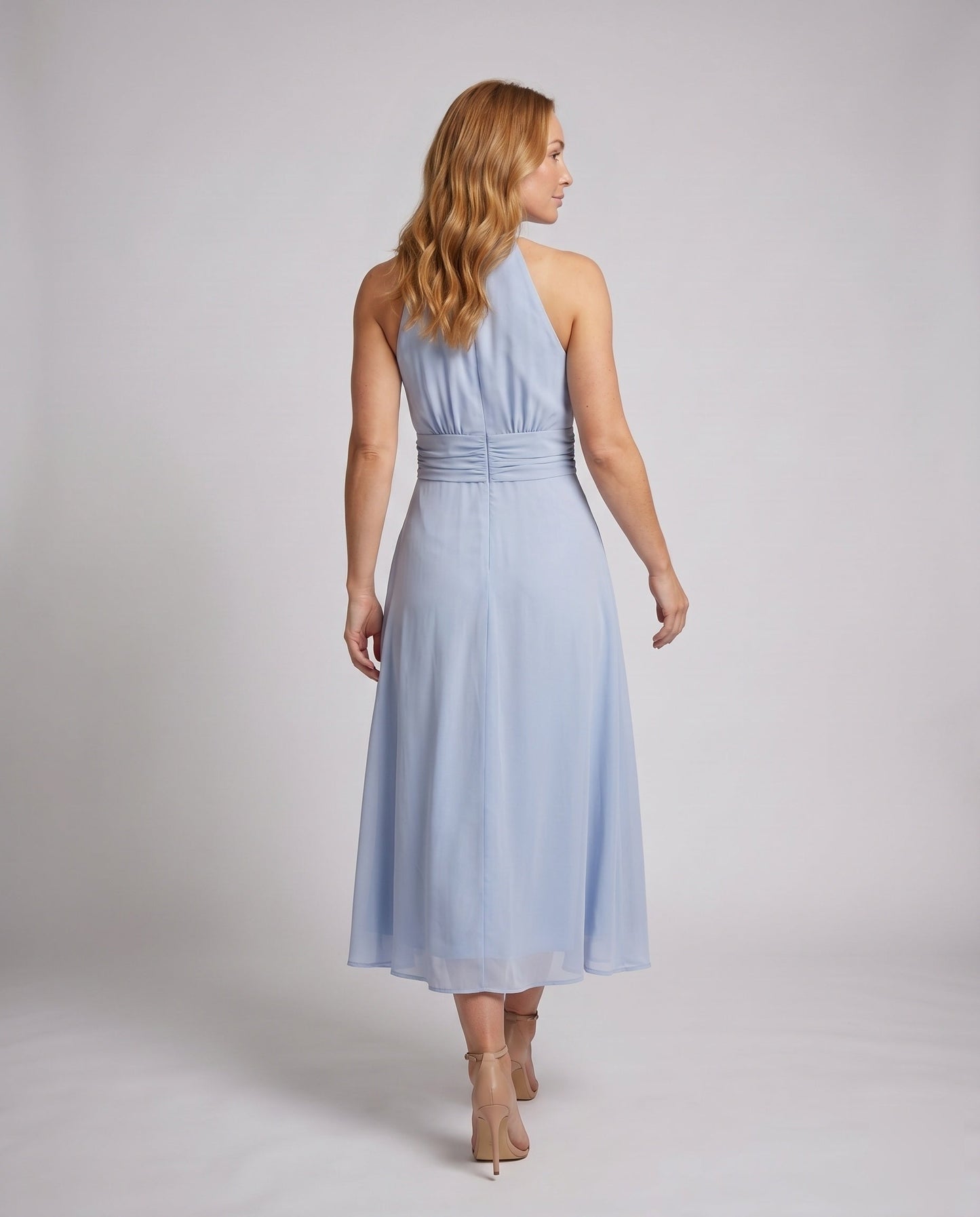 Women's Halterneck Maxi Dress with Tailored Silhouette and Flowing Skirt - back view
