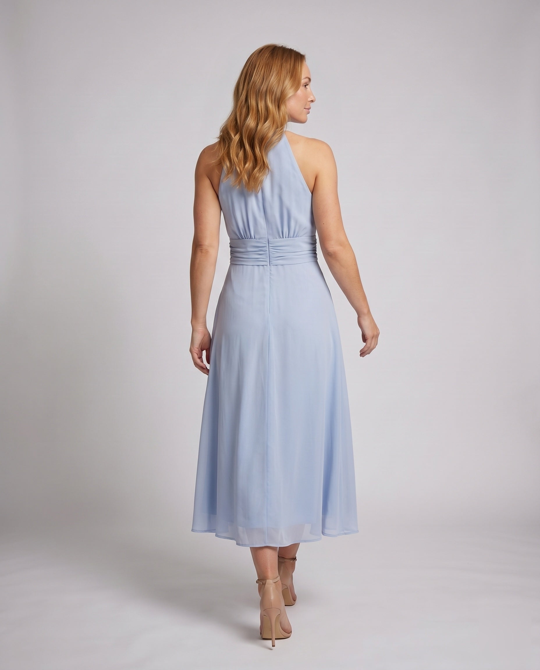 Women's Halterneck Maxi Dress with Tailored Silhouette and Flowing Skirt - back view