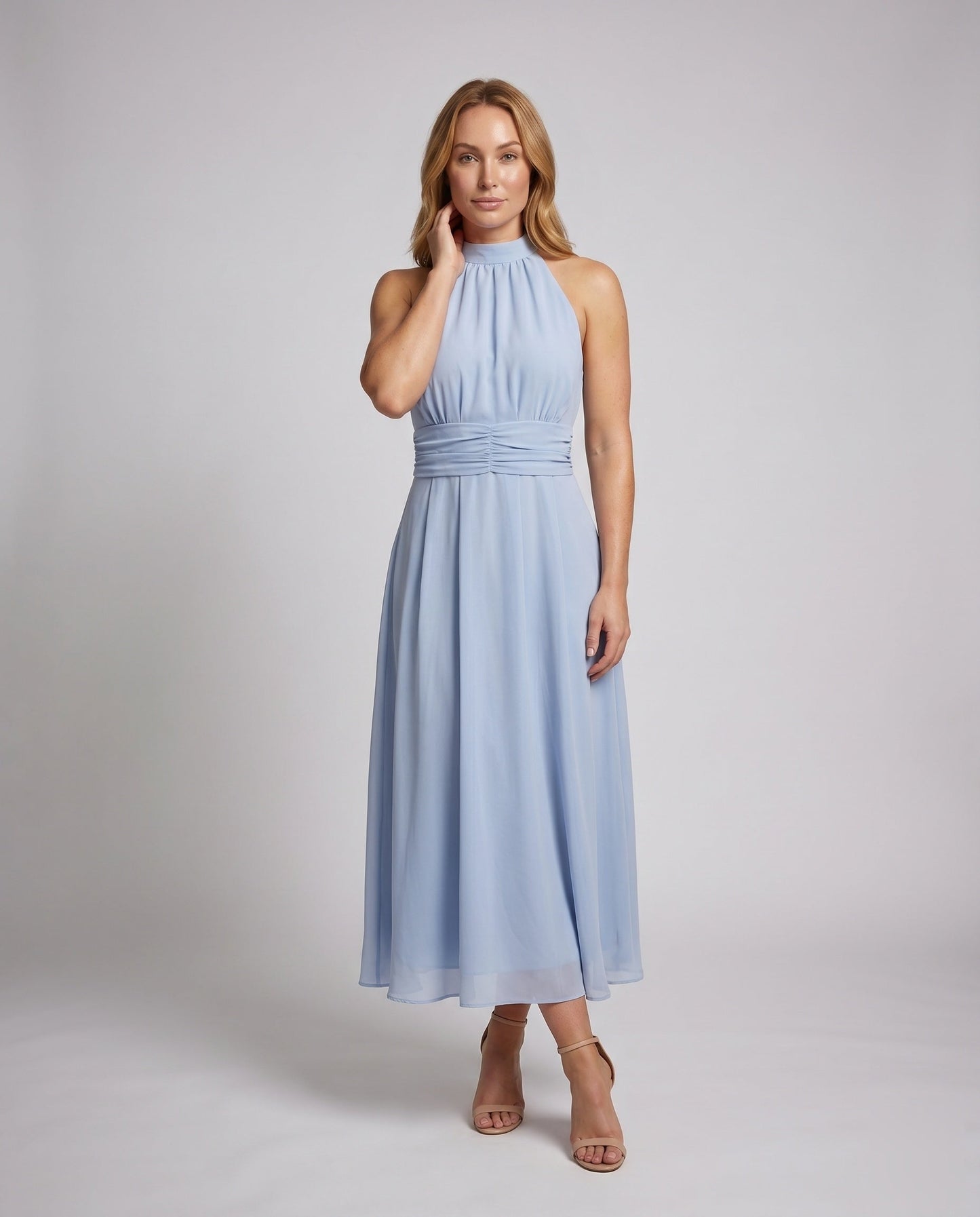 Women's Halterneck Maxi Dress with Tailored Silhouette and Flowing Skirt - front view