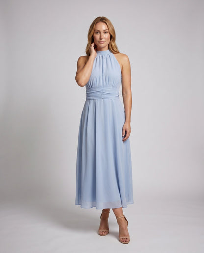 Women's Halterneck Maxi Dress with Tailored Silhouette and Flowing Skirt - front view