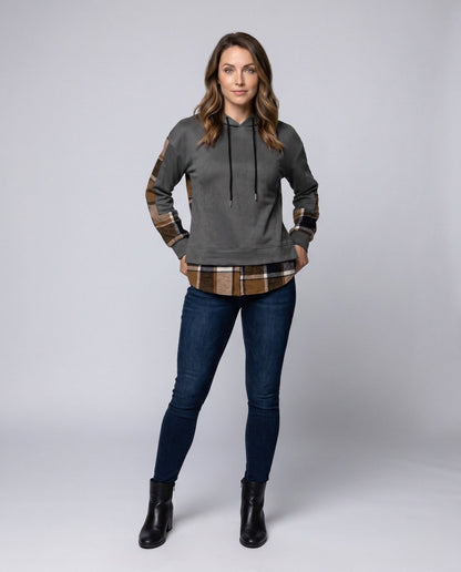 Women's hooded sweatshirt with stylish check design and modern cut - Chichicherry