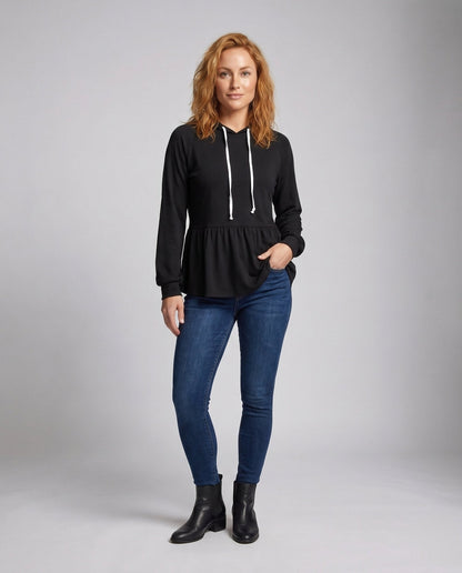 Women's hooded top with swinging hem and ruching - Chichicherry