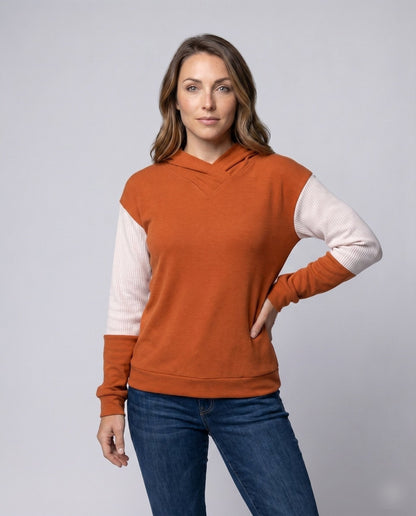 Women's hoodie with fashionable color block design and elegant V-neck - Chichicherry