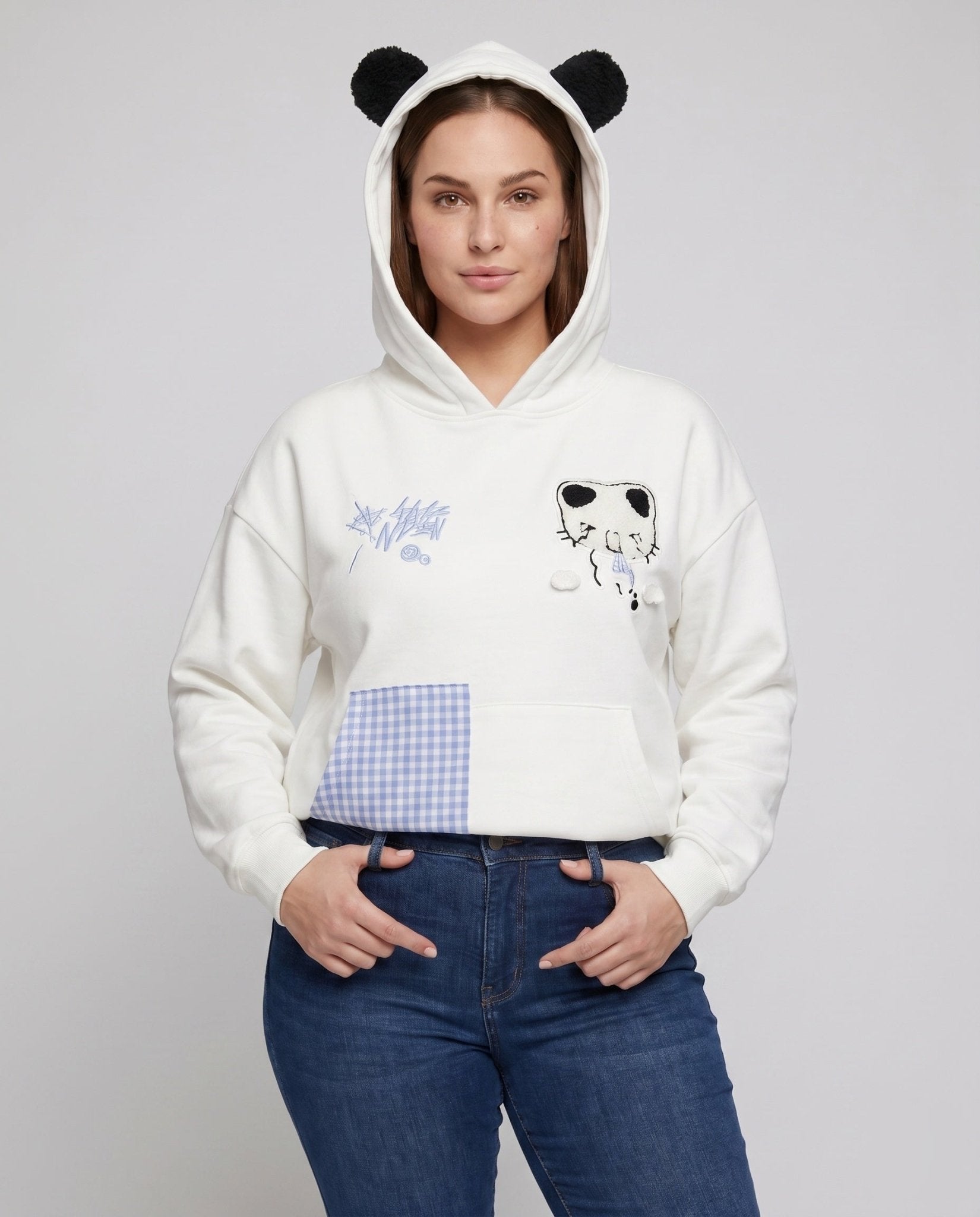 Women's hoodie with playful cat design and checkered pocket - Chichicherry